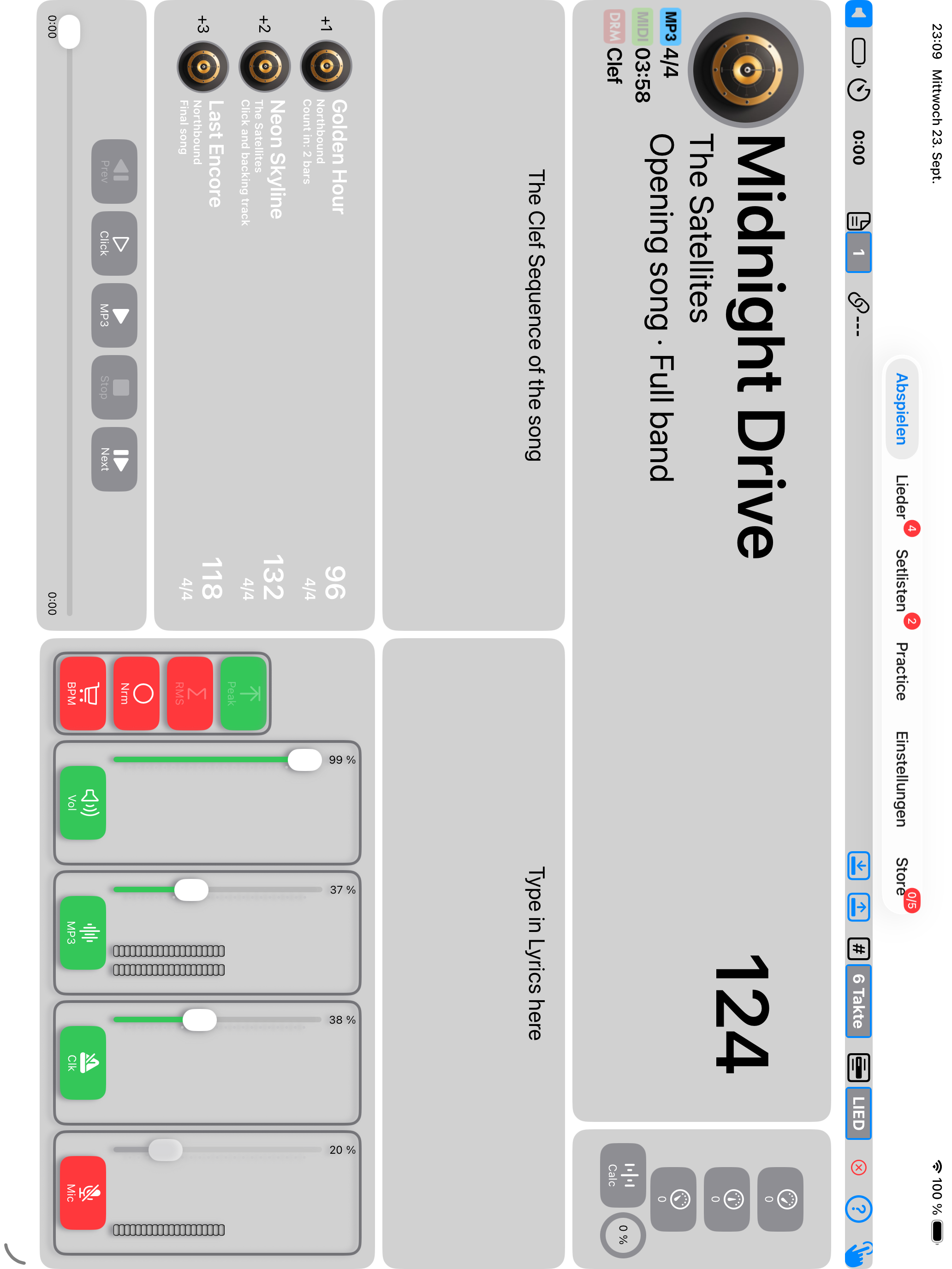 DSM Pure auf dem iPad mit aktuellem Song, BPM, Setlist und Mixer